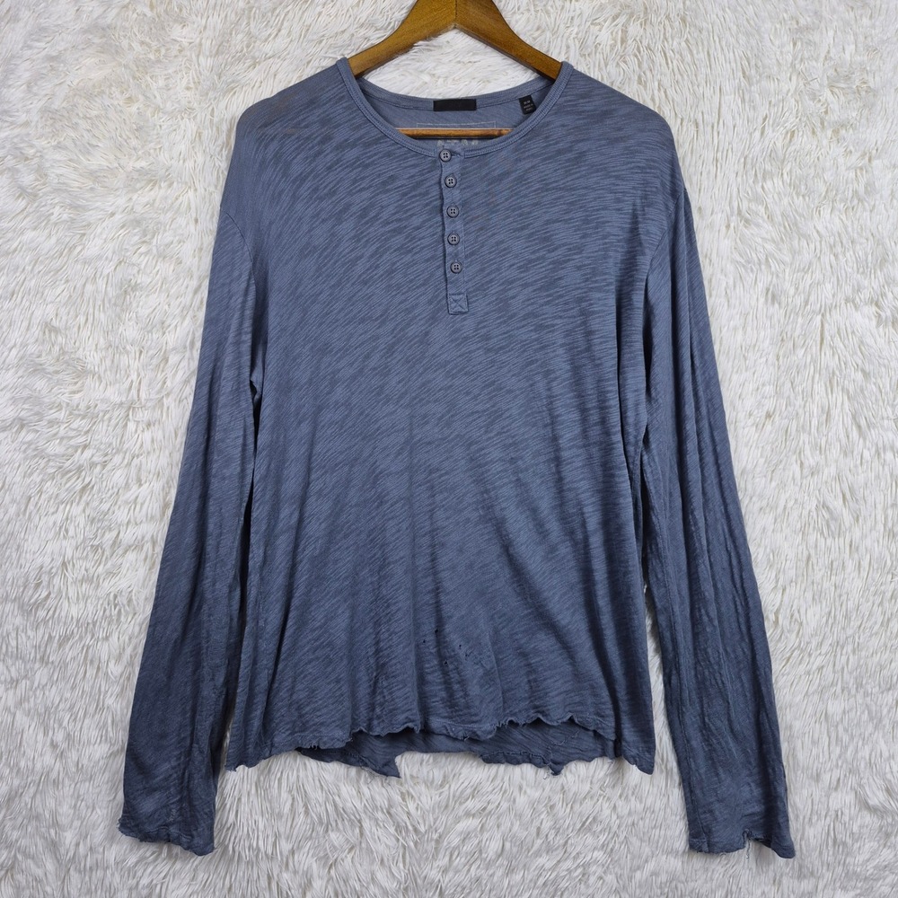 ATM Anthony Thomas Melillo Mens Blue Slub Long Sleeve Distressed Henley M